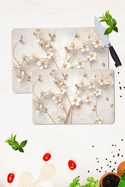 Saban Set of 2 30x40 cm and 20x30 cm Artificial Roses Patterned Glass Cutting Plate and Stove Protection