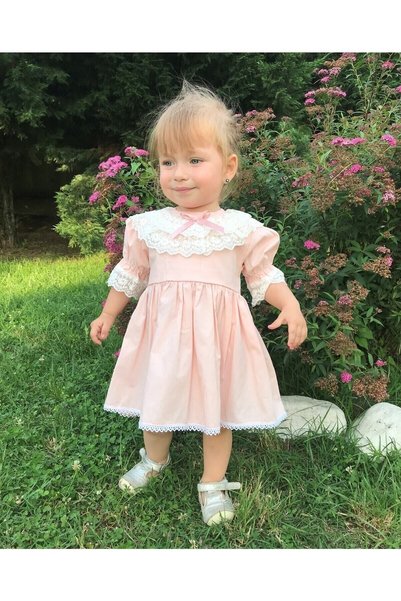 Bertuğ Bebek Light Pink Girl's Baby Dress with Lace Collar Detail