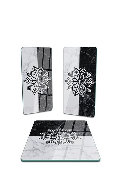 Decovetro Rectangular Set of 3 - Glass Presentation Serving Plate, Black and White Marble Snowflake Pattern
