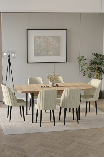 Renlife Yemek Masası Takımı 6 Sandalye Metal Ayak Açılır masa 80x130 (OSCAR S...