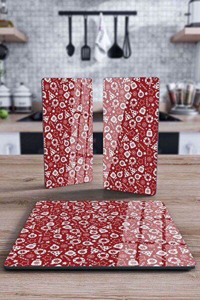 Decovetro Cam Sunum Servis Tabağı 3'lü Kare Set Yılbaşı Kurabiye Desenli