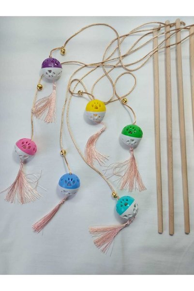 Be Cat Cat Fishing Rod, Rattle, Plastic, Colorful, Cat Patterned, Tasseled, Wooden Handle, Toy