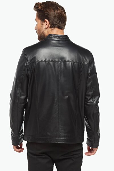 Deriza Spor Dikişli Klasik Deri Mont Siyah