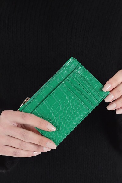 madamlina Timsah Derisi Desenli Fermuarlı Kağıt Para Bölmeli Şık & Ince Croco Kartlık Siyah