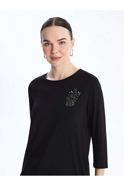 LC Waikiki LCW Grace - Tricou cu decolteu rotund cu imprimeu cu pietre strălucitoare pentru femei