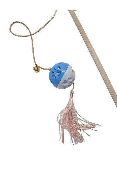 Be Cat Cat Fishing Rod, Rattle, Plastic, Colorful, Cat Patterned, Tasseled, Wooden Handle, Toy