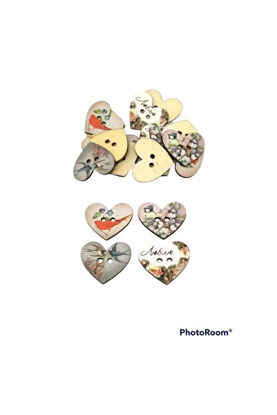 Zedhobi 20 Adet 30 Mm Ahşap Kuş Ve Çiçek Desenli Kalp Düğme