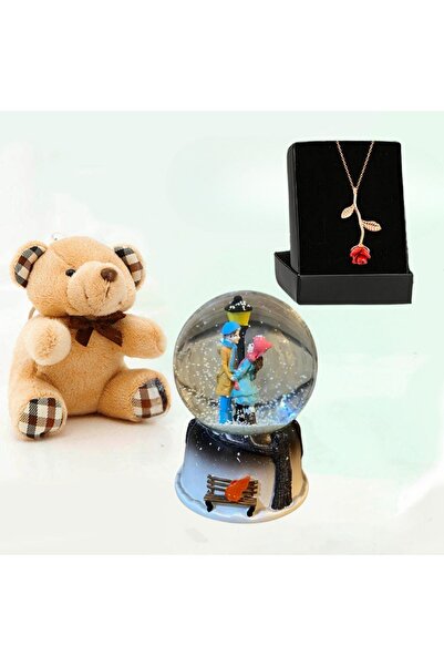 rk tasarım Ayakta Çift Işıklı Kar Küresi & Mini Peluş Ayıcık ve Gül Kolye  HE...