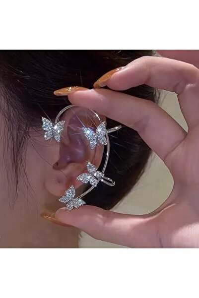 Aksesdunya Kelebek Deliksiz Tam Kulak Tekli Taşlı Earcuff Kıkırdak Küpe