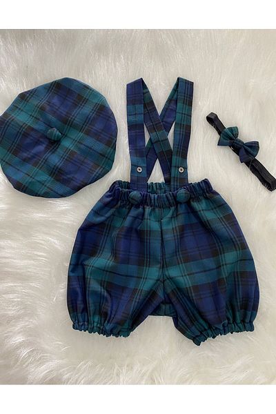 Eylülce Butik GREEN PLAIDED CHILDREN'S STRAP SHORTS SALOPET & RESSAM HAT & BOW TIE SET