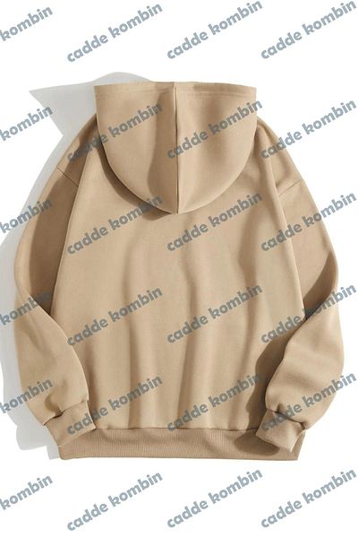 caddekombin Beige Heart Printed Unisex Oversize Hoodie