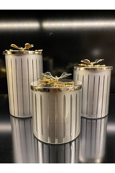 Cemile Kelebek Platin /gümüş Metal Kapak 3 Boy Kesme Cam Kavanoz 1.12x16 Cm 2. 12x19 Cm 3.12x24 Cm