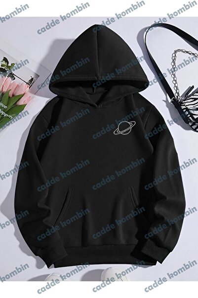 caddekombin Μαύρο φούτερ με κουκούλα με γραφικό τύπωμα Saturn