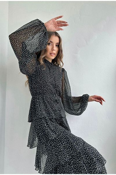 Afiş Butik Rochie de podea din șifon negru cu buline - Detaliu volantă