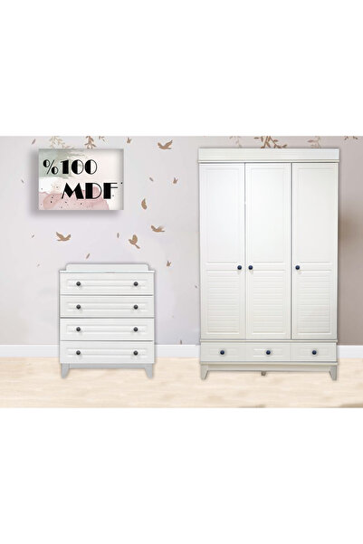 Koza %100 MDF Stella Beyaz 3 Kapılı Dolap & Stella Beyaz Şifonyer