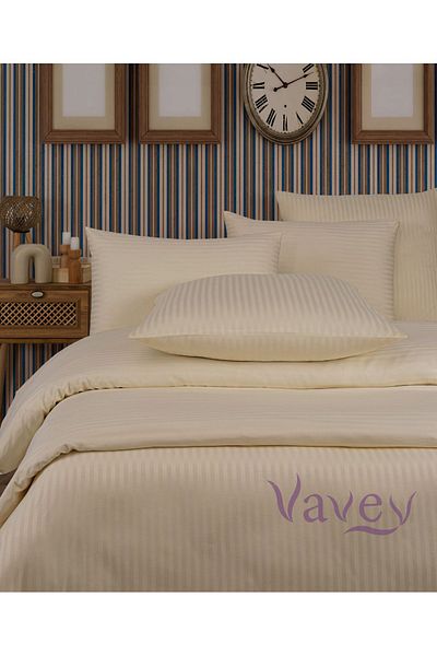 VAVEY Σετ Παπλωματοθήκη Βαμβακερή Σατέν Ριγέ Διπλό Κρέμα σε κουτί