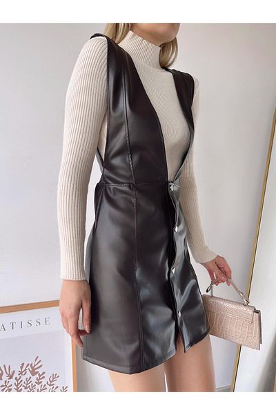 POZİGİ Faux Leather Dress - Button Detail