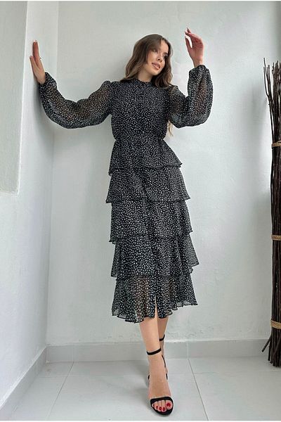 Afiş Butik Rochie de podea din șifon negru cu buline - Detaliu volantă