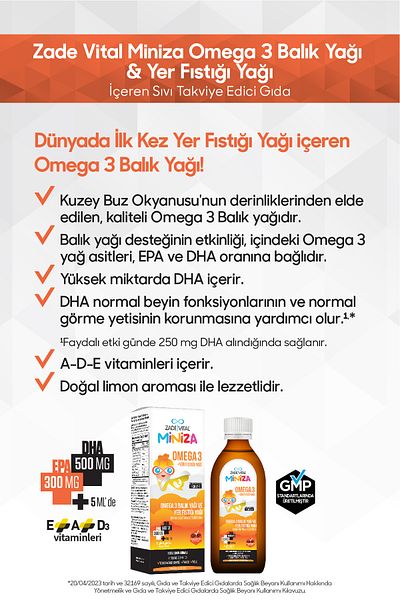 Zade Vital Miniza Omega 3 - 150 ml Liquid Supplement, Containing Peanut Oil