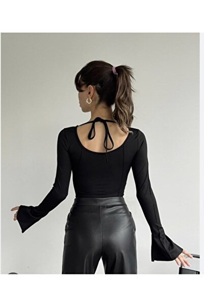 laughs Kadın uzun kollu kare yaka kolu volanlı sırt dekolteli dikiş detaylı bluz SRA7799