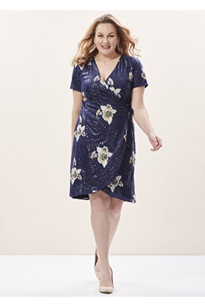 EVEN plus size Lacivert Çiçek Desenli Payetli Kruvaze Büyük Beden Abiye Elbise