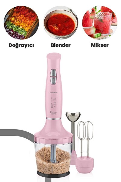 GOLDMASTER Yasemin 1000 Watt Sessiz Hız Ayarlı 3 In 1 Doğrama Karıştırma Blender Seti Pembe