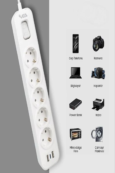 Ecuy 5-Piece Surge Protected Extension Socket - 2 Usb, 1 Type-C, Resistor Cable, Thermal Protection