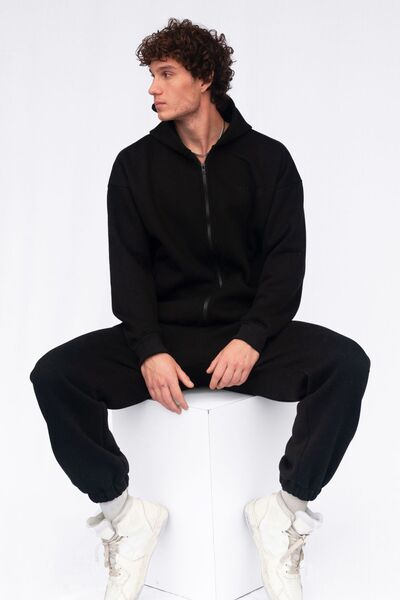 Vatkalimon Siyah Şardonlu Oversize Kapşonlu Fermuarlı Sweatshirt
