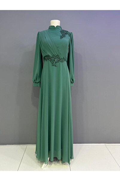 miss Elegans Şifon Taşlı Mint Yeşili Abiye