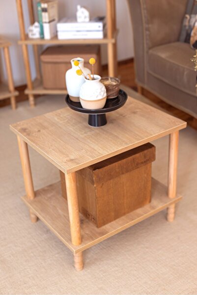 HAMUR Ahşap Ayaklı Orta Sehpa İki Raflı, Dekoratif ve Gazetelikli Naturel Rengi