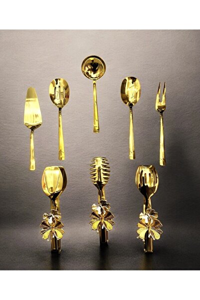 Aslı Hediyelik Stainless Steel 8-Piece Serving Set - Gold Colander, Ladle, Shovel, Fork, Spoon, Butterfly Tongs