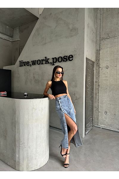 Swet Shop Jeans Fusta de damă din lycra albastru gheață - cu nasturi și spălat pe zăpadă