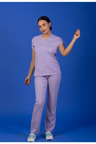 Genel Markalar Tek Üst Unisex Kalıp Lila Likralı Hemşire / Doktor Forması Scrubs