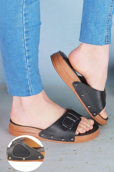 Epilla Women's Black Full Orthopedic Daily Epin Heel Spur Slippers (Bone Protrusion Detailed)