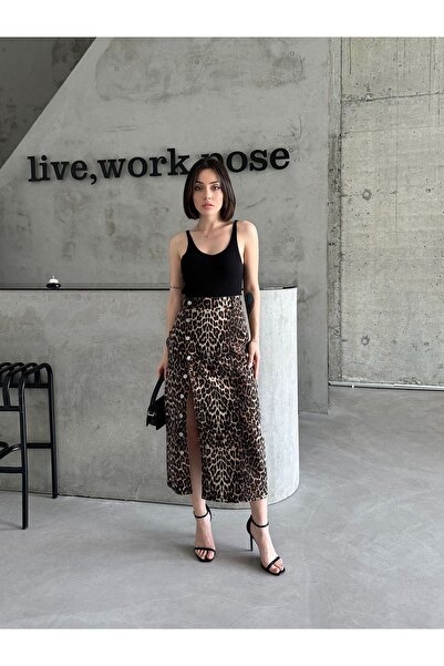 Swet Shop Jeans Brown Black Leopard Patterned Lycra Long Denim Skirt - Women