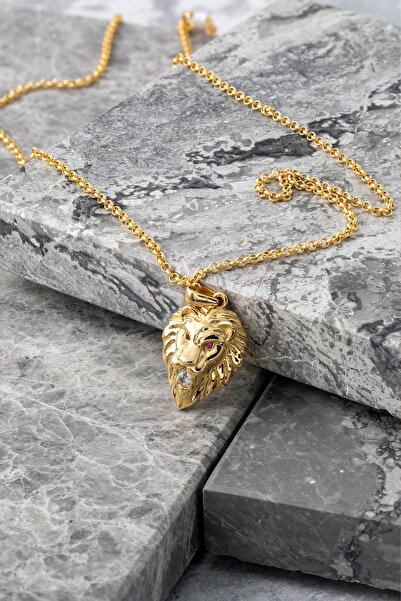 Cenova Jewelry 14 Ayar Altın Taş Detaylı Aslan Erkek Kolye Ucu