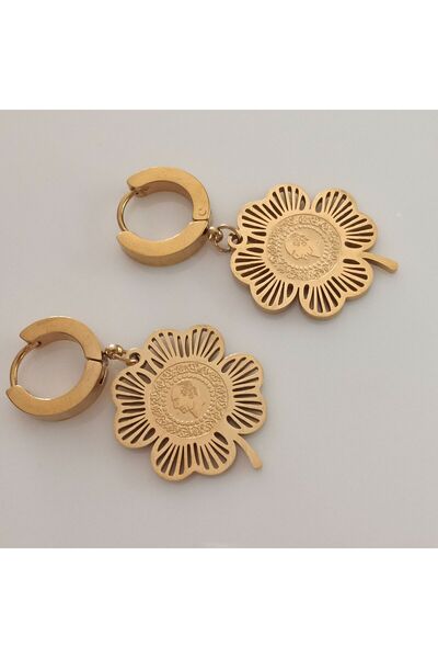 Ödül Moda Steel Gold Clover Tughra Earrings