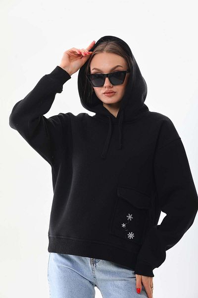 kallima Hanorac oversize negru de iarnă - fulg de nea gros, cu buzunare și glugă