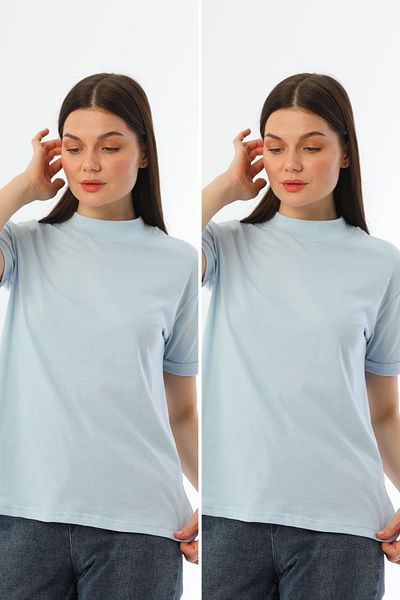 kallima Blue 2-Pack Stand Collar Comfortable Fit 100% Cotton T-shirt