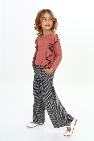 e-çocuk Girl's Winter Set - Piti Checked and Ruffled Top and Bottom Set 1020
