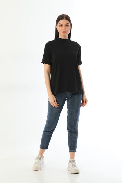 kallima Tricou negru cu guler vertical, 100% bumbac