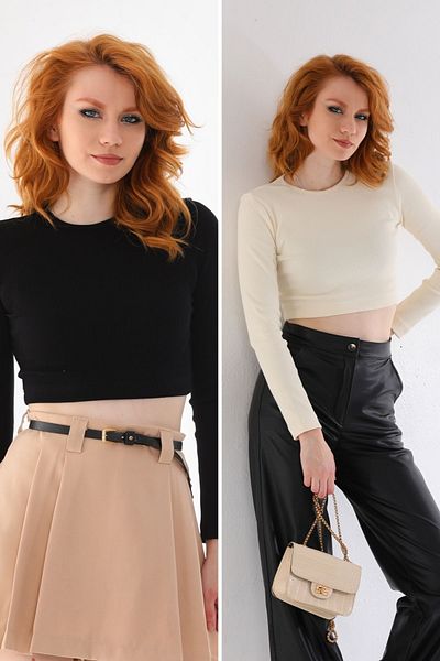 kallima Black-Ecru 2-Pack Fitted/Fitted Crew Neck Crop Corded Stretch Knitted Blouse