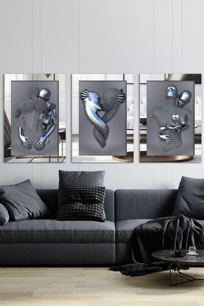 Evinemoda Sculptură artistică cu tematică dragoste 3 bucăți pictură din plexiglas argintiu cu ramă în oglindă