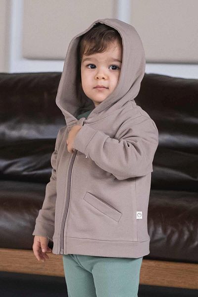 Little Gusto سترة أطفال بغطاء للرأس من القطن العضوي البني