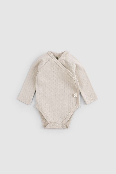Little Gusto Beige Colored Organic Cotton - Pointel Long Sleeve Double Breasted Bodysuit