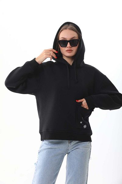 kallima Hanorac oversize negru de iarnă - fulg de nea gros, cu buzunare și glugă