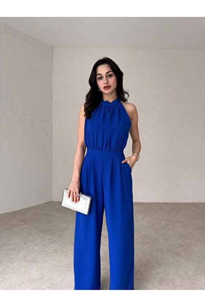 Rabia Çelik Kadın Saks Mavi Halter Yaka Tulum