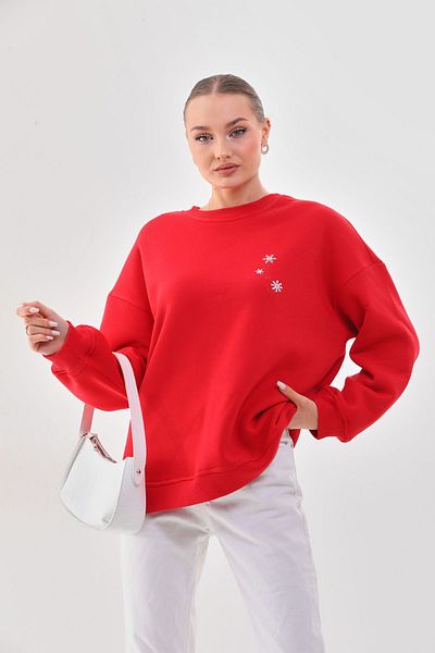 kallima Thick Winter Oversize/Wide Cut Snowflake Print Red Christmas Women's Sweatshirt with Fleece Inside