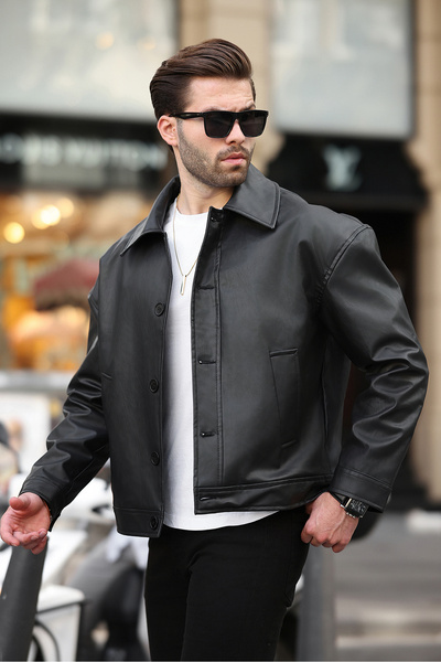 MANMARK Premium Kalite Su İtici Oversize Siyah Erkek Deri Ceket Mont ,Rahat K...