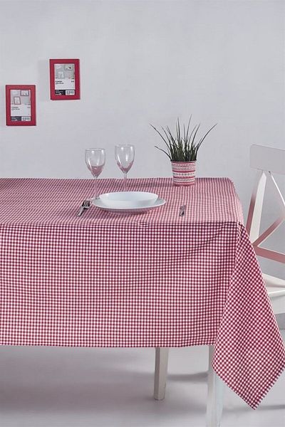 Denizli Concept Red Cotton Tablecloth - 170x220 Cm, Daily and Special Use, Gingham